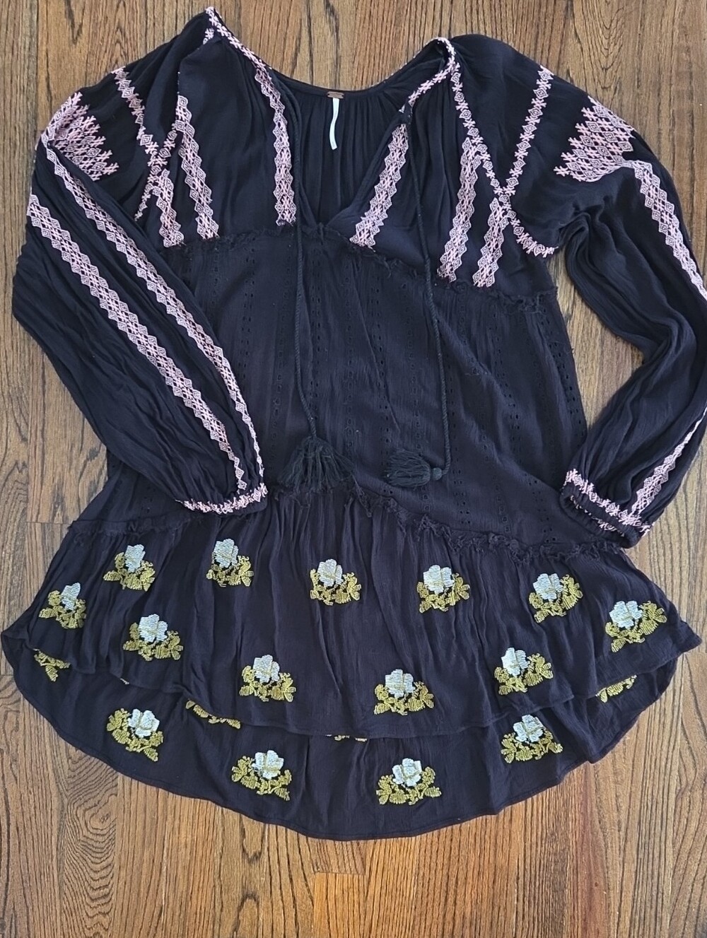 Free People Women’s Black Embroidered Peasant Dress with Pink Trim